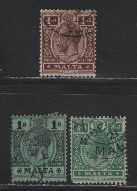 Lot 236 Malta (C) SG#69a, 71a, 81a 1/4d - 1/- Deep brown - Black on Green with Green Back King George V, 1914-1921 KGV Keyplates Issue, 3 Fine/Very Fine Used Singles, Multiple Script CA Wmk