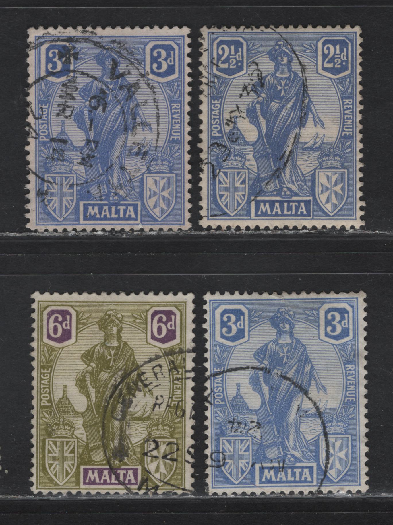 Lot 237 Malta (C) SG#129-130, 130a, 133 2/5d - 6d Ultramarine - OliveGreen & Reddish Violet Keyplates, 1922-1926 Keyplate Issue, 4 Fine/Very Fine Used Singles, Script CA Wmk