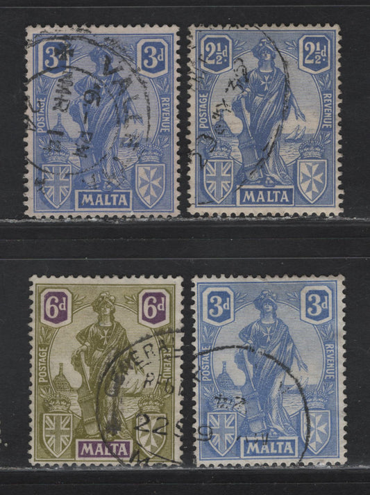 Lot 237 Malta (C) SG#129-130, 130a, 133 2/5d - 6d Ultramarine - OliveGreen & Reddish Violet Keyplates, 1922-1926 Keyplate Issue, 4 Fine/Very Fine Used Singles, Script CA Wmk