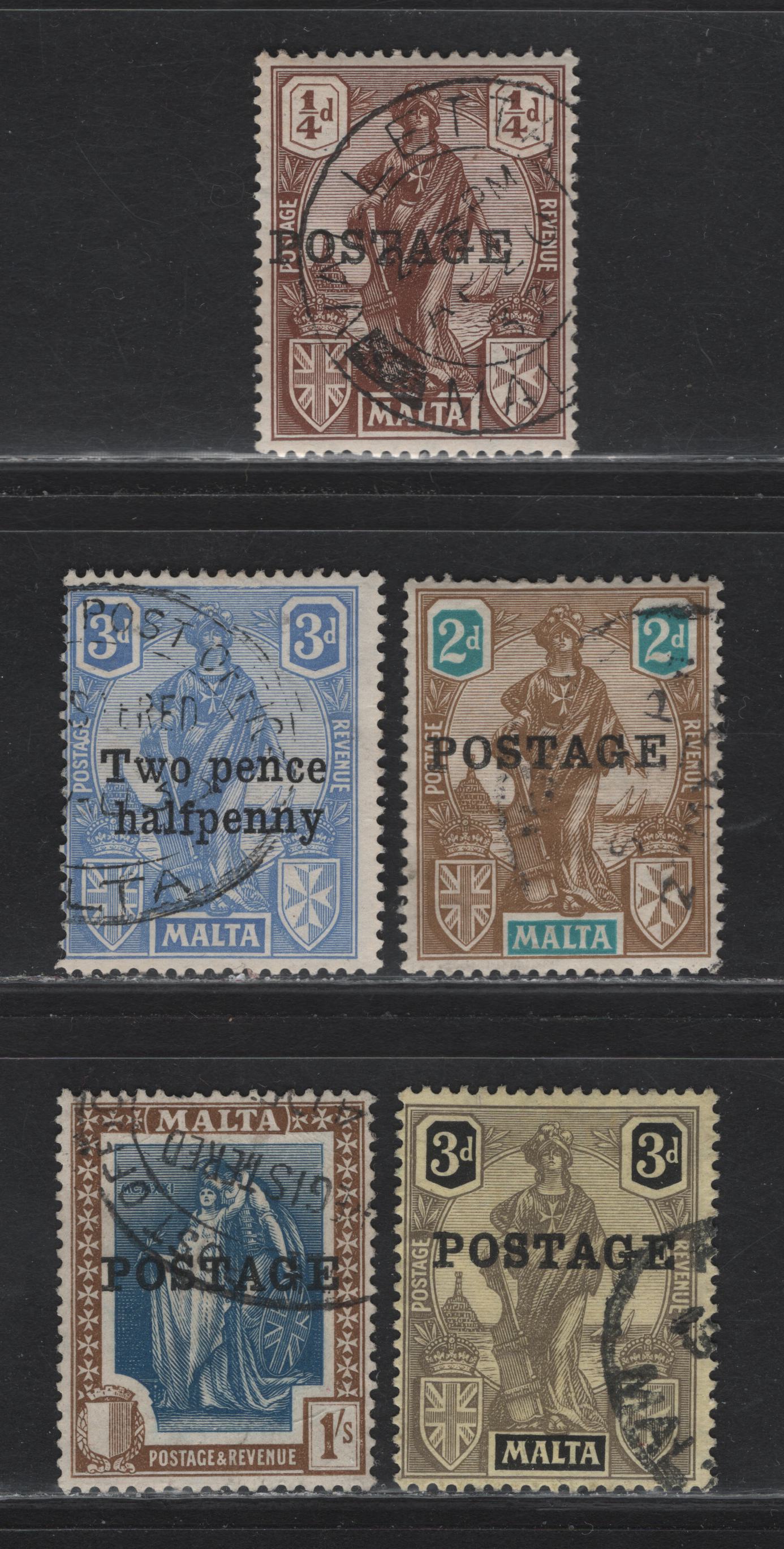 Lot 238 Malta (C) SG#141, 143, 147, 149, 152 1/4d - 1/- Brown - Indigo & Sepia Keyplates, 1926 Keyplate Issue, 5 Fine/Very Fine Used Singles, Postage Overprint
