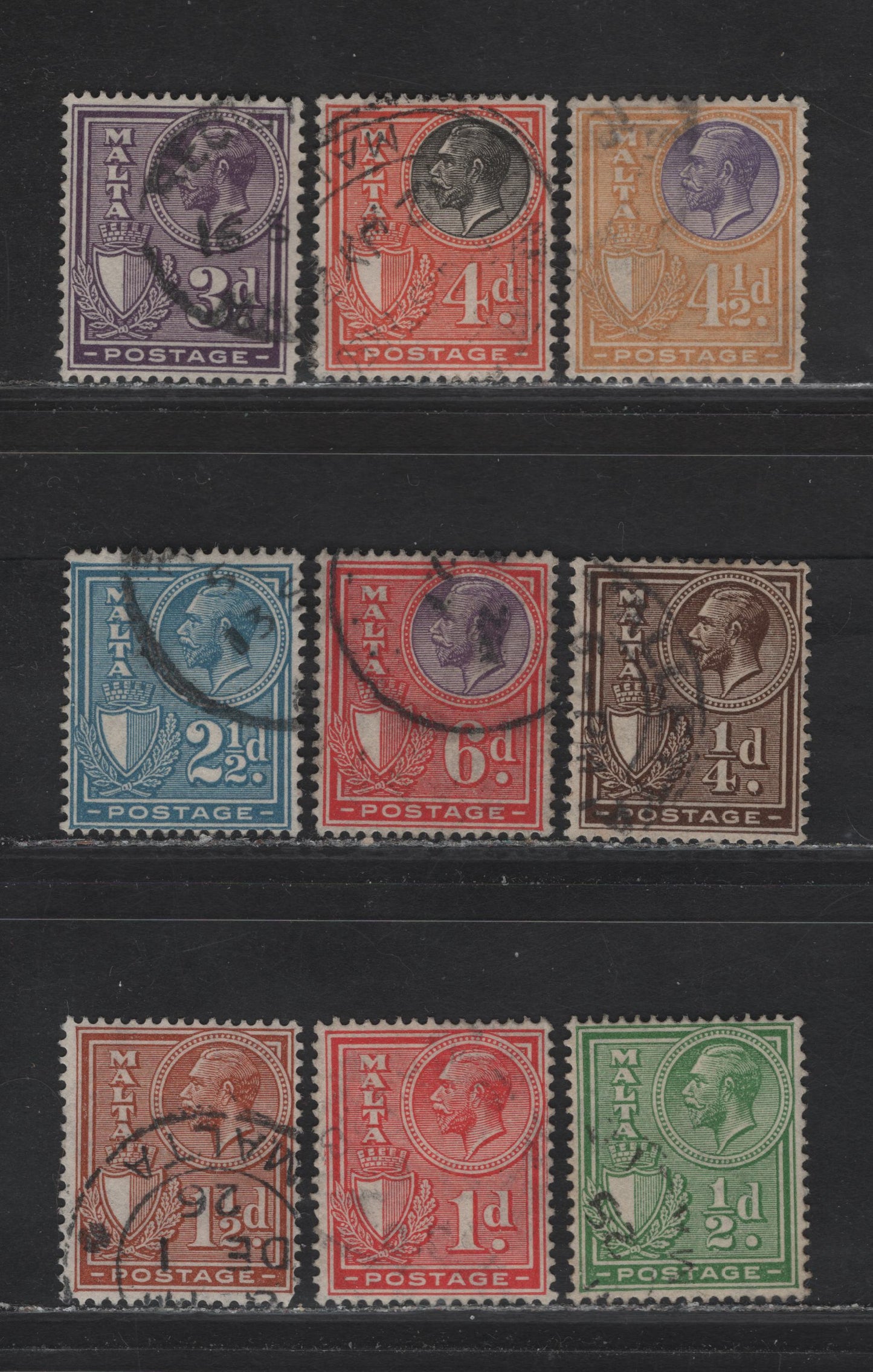 Lot 239 Malta (C) SG#157-160, 162-165 1/4d - 6d Brown - Violet & Scarlet King George V, 1926-1927 Arms Keyplate Issue, 8 Fine/Very Fine Used Singles, Inscribed Postage