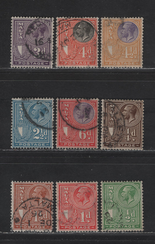 Lot 239 Malta (C) SG#157-160, 162-165 1/4d - 6d Brown - Violet & Scarlet King George V, 1926-1927 Arms Keyplate Issue, 8 Fine/Very Fine Used Singles, Inscribed Postage