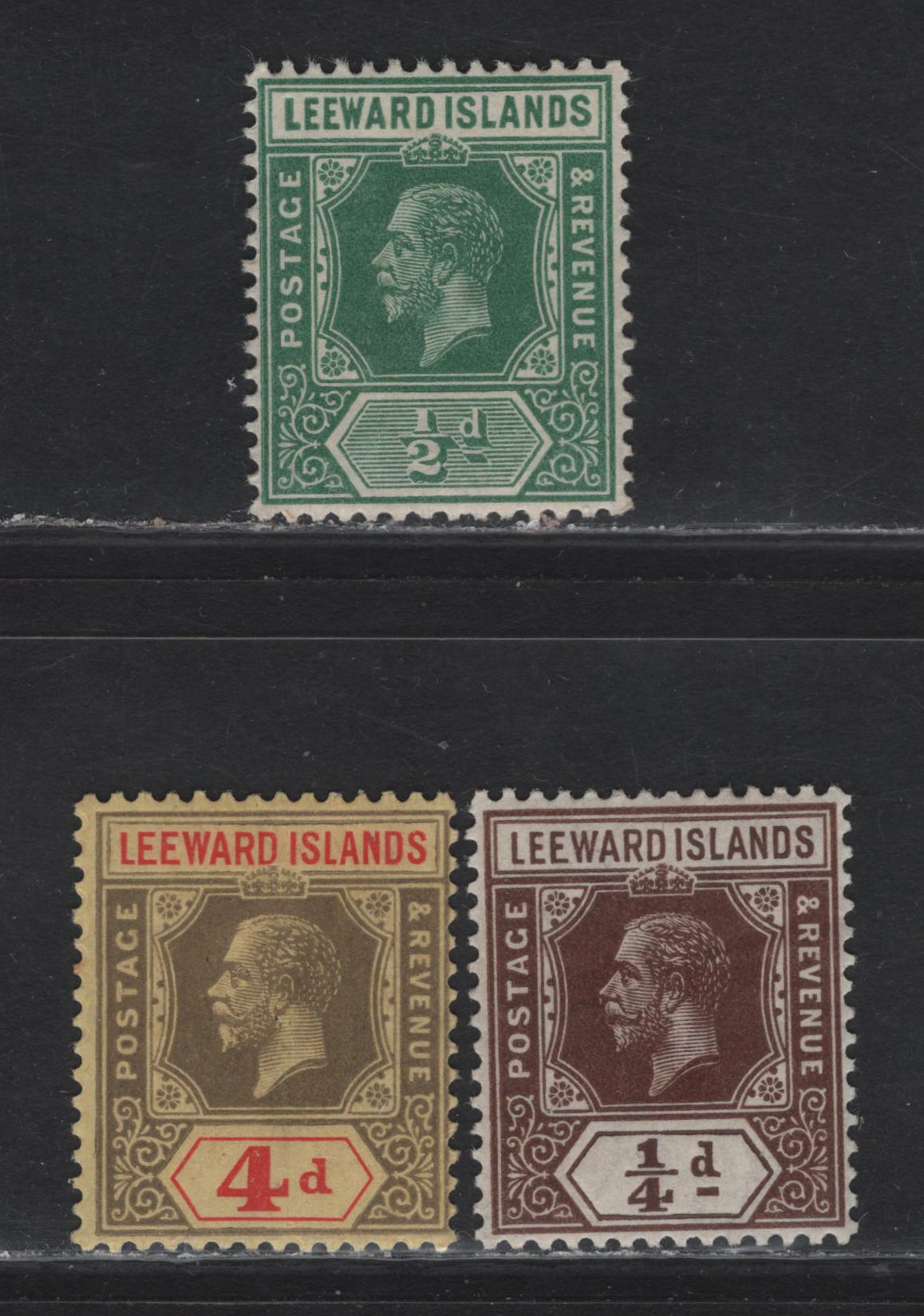 Lot 244 Leeward islands (C) SG#47a, 46, 52 1/2d - 4d Brown - Black & Red on Pale Yellow King George V, 1912-1922 KGV Imperium Keyplate Issue, 3 F/VFOG Singles, Multiple Crown CA Wmk