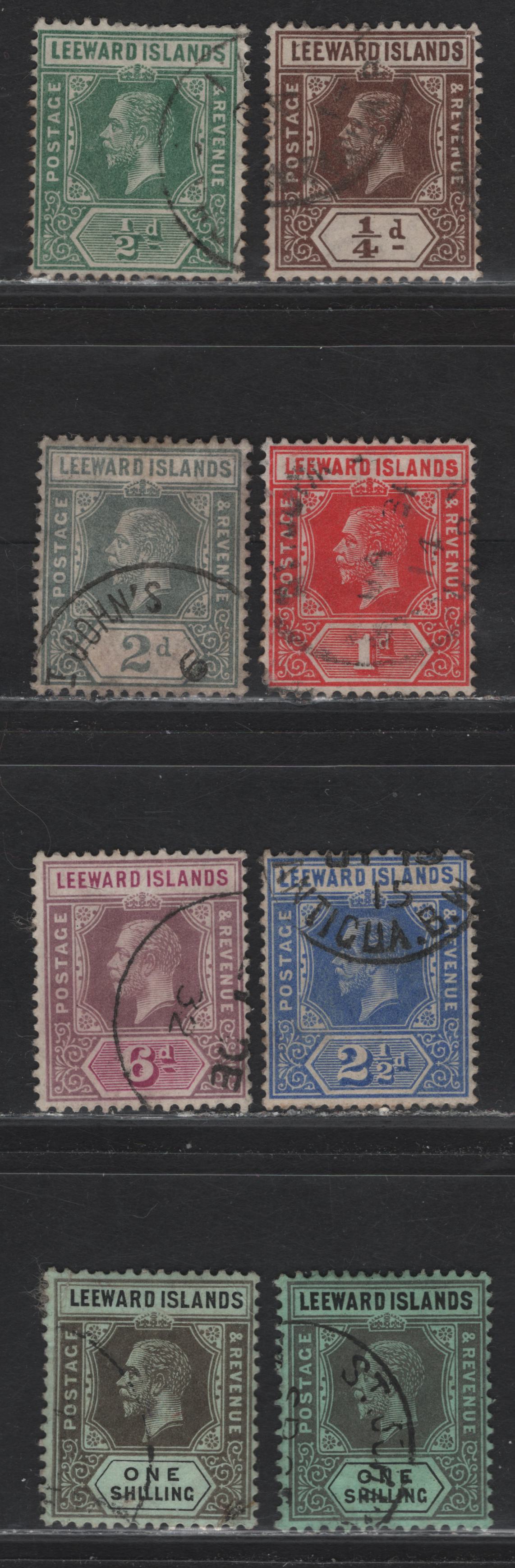 Lot 245 Leeward islands (C) SG#46-50, 53-54, 54b  King George V, 1912-1922 KGV Imperium Keyplate Issue, 8 Fine/Very Fine Used Singles, Blue Green & Olive Green Back Papers For 1/-, 1/2d Yellow Green Shade, 1d Red Shade.