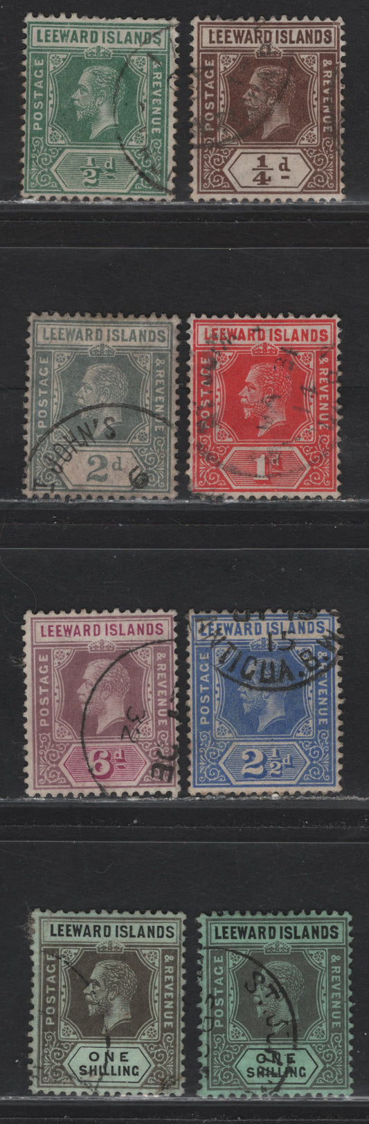Lot 245 Leeward islands (C) SG#46-50, 53-54, 54b  King George V, 1912-1922 KGV Imperium Keyplate Issue, 8 Fine/Very Fine Used Singles, Blue Green & Olive Green Back Papers For 1/-, 1/2d Yellow Green Shade, 1d Red Shade.