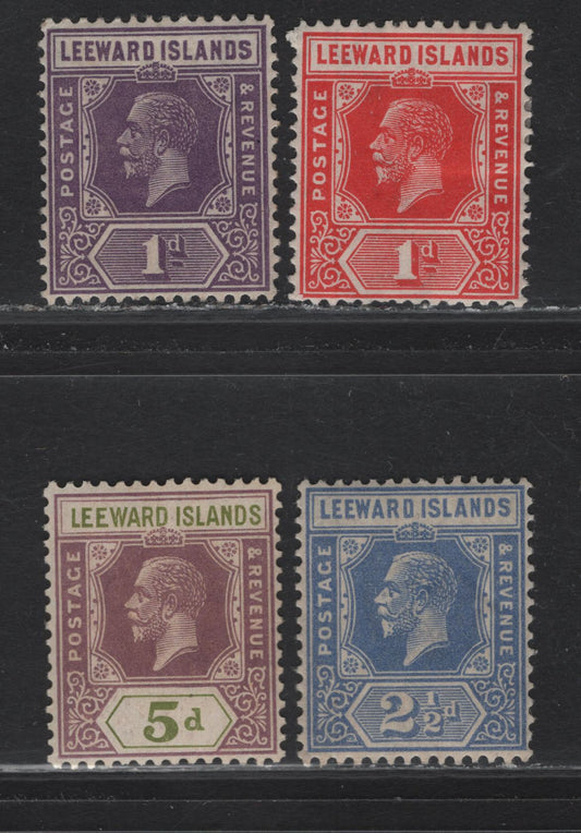 Lot 246 Leeward islands (C) SG#61-62, 67, 71 1d - 5d Bright Scarlet - Dull Purple & Olive Green King George V, 1921-1932 KGV Imperium Keyplate Issue, 4 VFOG Singles, Script CA Wmk, Die 2