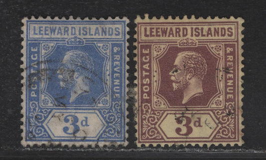 Lot 247 Leeward islands (C) SG#68-69 3d Light Ultramarine - Purple on Yellow King George VI, 1921-1932 KGVI Imperium Keyplate Issue, 2 Fine/Very Fine Used Singles, Multiple Script CA Wmk, Die 2, The 3d Blue Has A Light Vertical Crease.