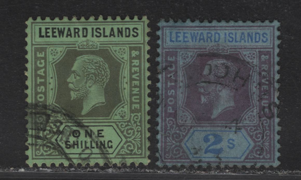 Lot 248 Leeward islands (C) SG#73-74 1/- - 2/- Black on Emerald - Purple & Blue on Blue King George VI, 1921-1932 KGVI Keyplate Issue, 2 Very Fine Used Singles, Script CA Wmk, Die 2