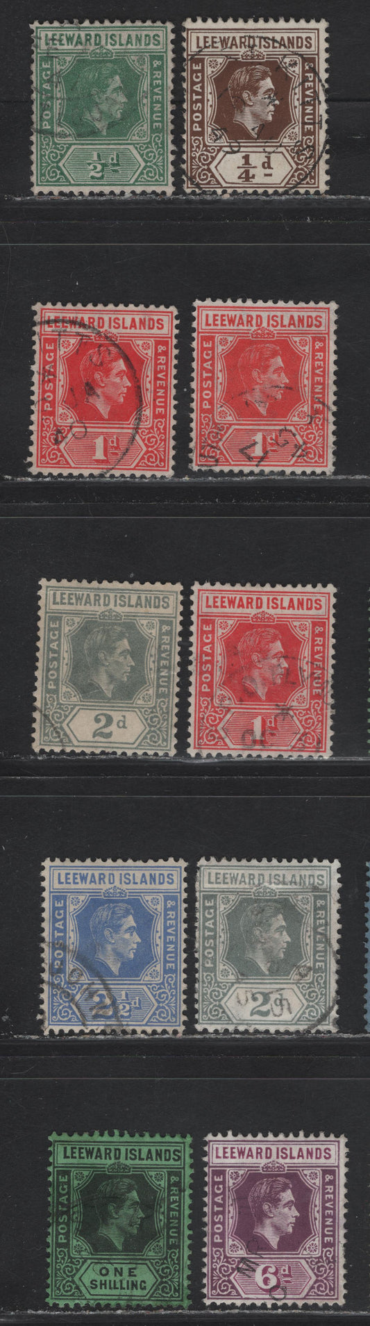 Lot 250 Leeward islands (C) SG#95a, 96, 98, 99, 99c, 103-a, 105, 109b, 110b 1/2d - 1/- Brown - Black on Emerald King George VI, 1938-1951 KGVI Imperium Keyplates Issue, 10 Fine/Very Fine Used Singles