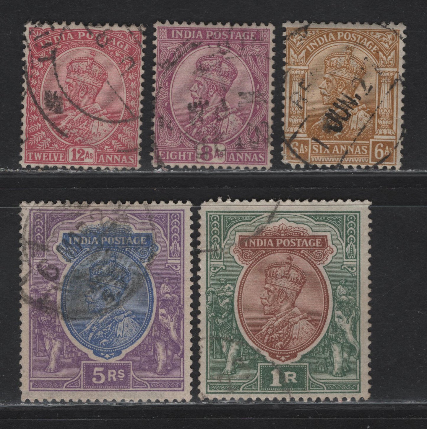 Lot 252 India (C) SG#178, 180, 184, 186a, 188 6a - 5r Yellow Bistre -Ultramarine & Violet King George V, 1911-1925 KGV Keyplates Issue, 5 Fine/Very Fine Used Singles, Single Star Wmk .
