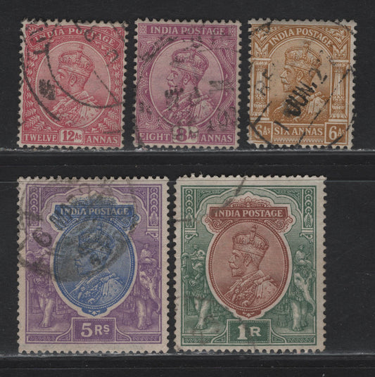 Lot 252 India (C) SG#178, 180, 184, 186a, 188 6a - 5r Yellow Bistre -Ultramarine & Violet King George V, 1911-1925 KGV Keyplates Issue, 5 Fine/Very Fine Used Singles, Single Star Wmk .