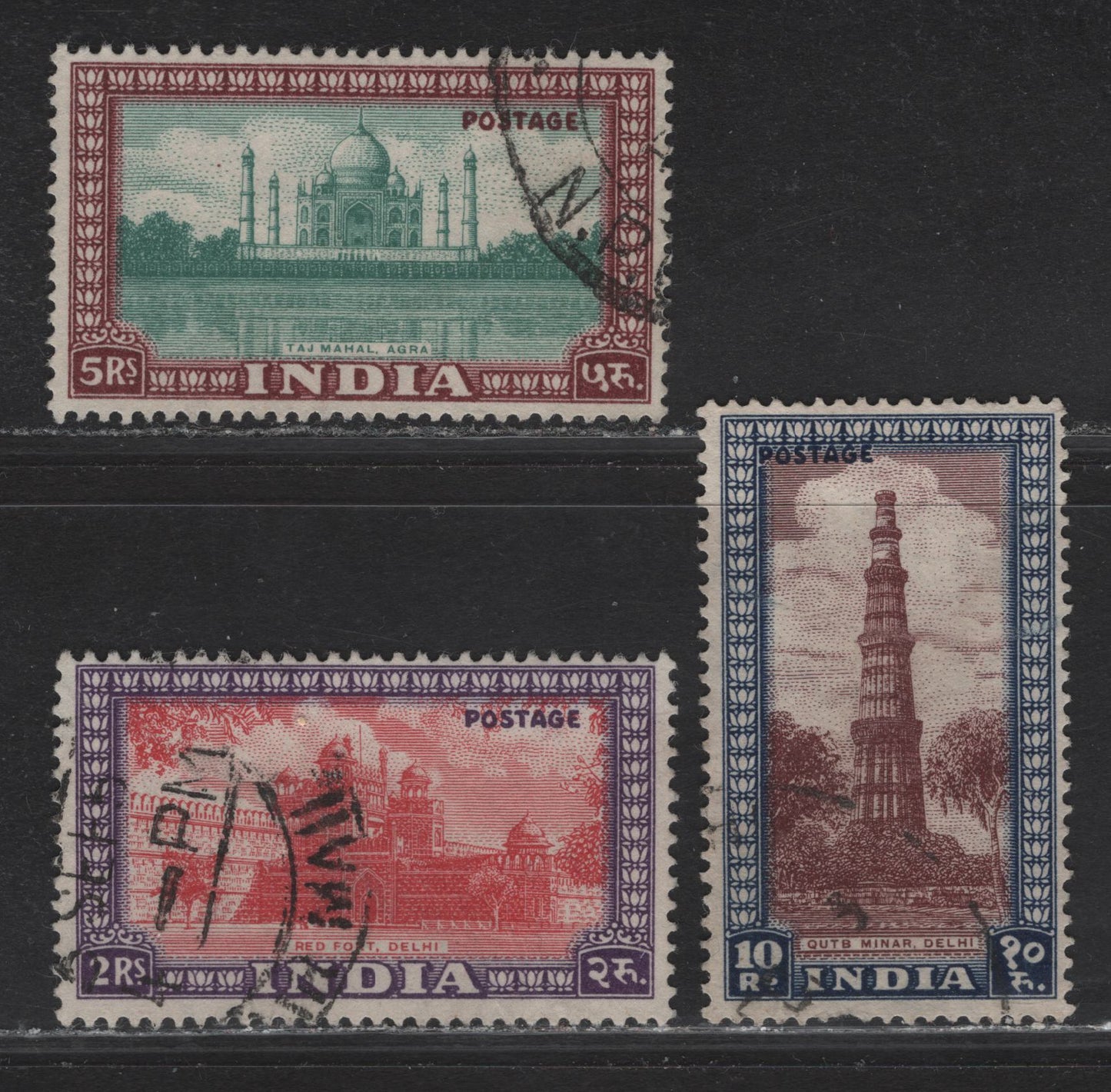 Lot 253 India (C) SG#321-323 2r - 10r Claret & Violet - Purple Brown & Deep Blue King George VI, 1949-1952 Pictorial Issue, 3 Fine/Very Fine Used Singles