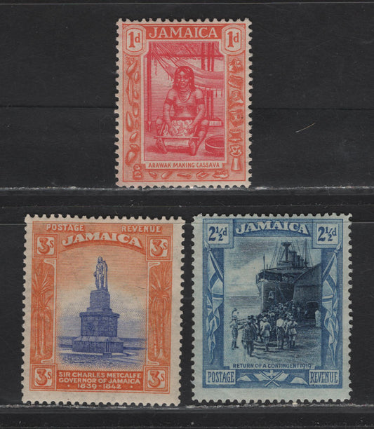 Lot 260 Jamaica (C) SG#79, 82, 87 1d - 3/- Carmine & Orange - Violet Blue & Orange Pictorial, 1919-1921 Pictorial Definitive Issue, 3 F/VFOG Singles, Multiple Crown CA Wmk