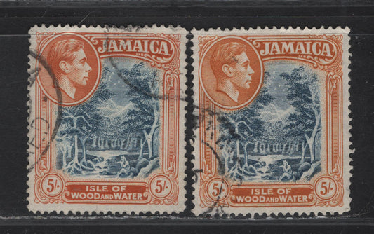 Lot 261 Jamaica (C) SG#132a 5/- Slate Blue & Brownish Orange King George VI, 1938-1952 KGVI Pictorial Issue, 2 Fine/Very Fine Used Singles, Emergency Printing Made After De La Rue's Works Were Bombed In December 1940