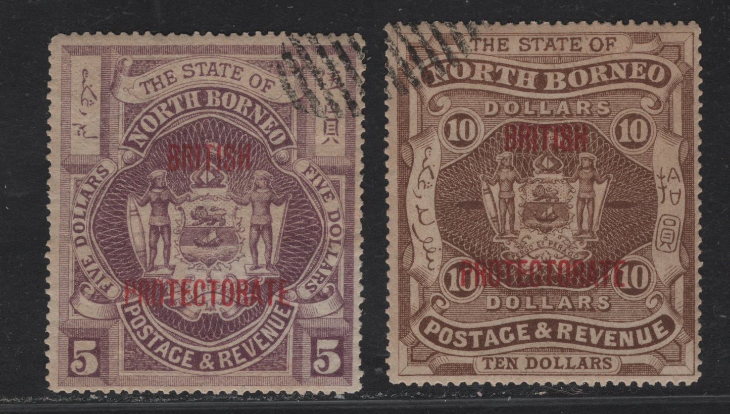 Lot 264 North Borneo (C) SG#144-145 $5 - $10 Bright Purple - Brown British Protectorate, 1901 British Protectorate Overprinted Issue, 2 Very Fine Used Singles, Two CTO Examples With Full Toned Gym