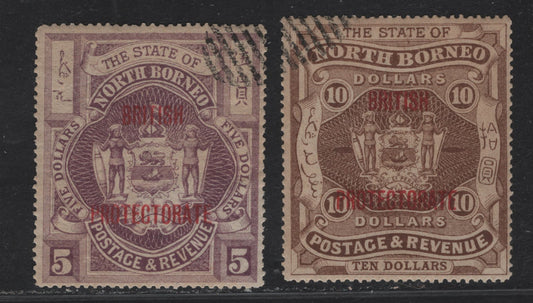 Lot 264 North Borneo (C) SG#144-145 $5 - $10 Bright Purple - Brown British Protectorate, 1901 British Protectorate Overprinted Issue, 2 Very Fine Used Singles, Two CTO Examples With Full Toned Gym