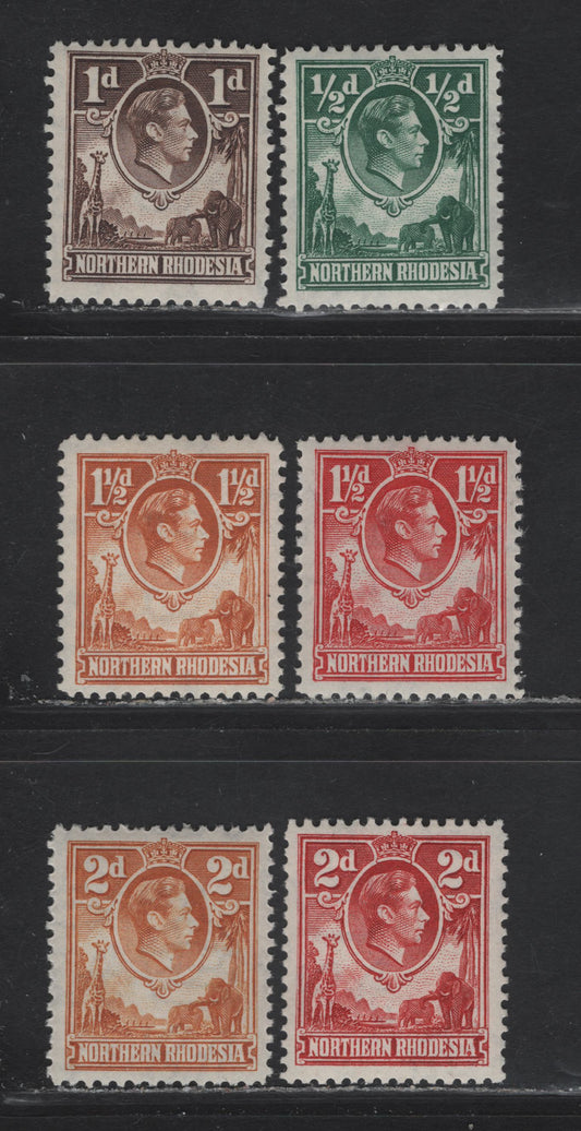 Lot 270 Northern Rhodesia (C) SG#25, 27, 29, 30, 32 1/2d - 2d Green - Carmine Red River Scene, 1938-1952 KGVI River Scene Issue, 5 F/VFOG Singles, 1938 & 1941 Printings