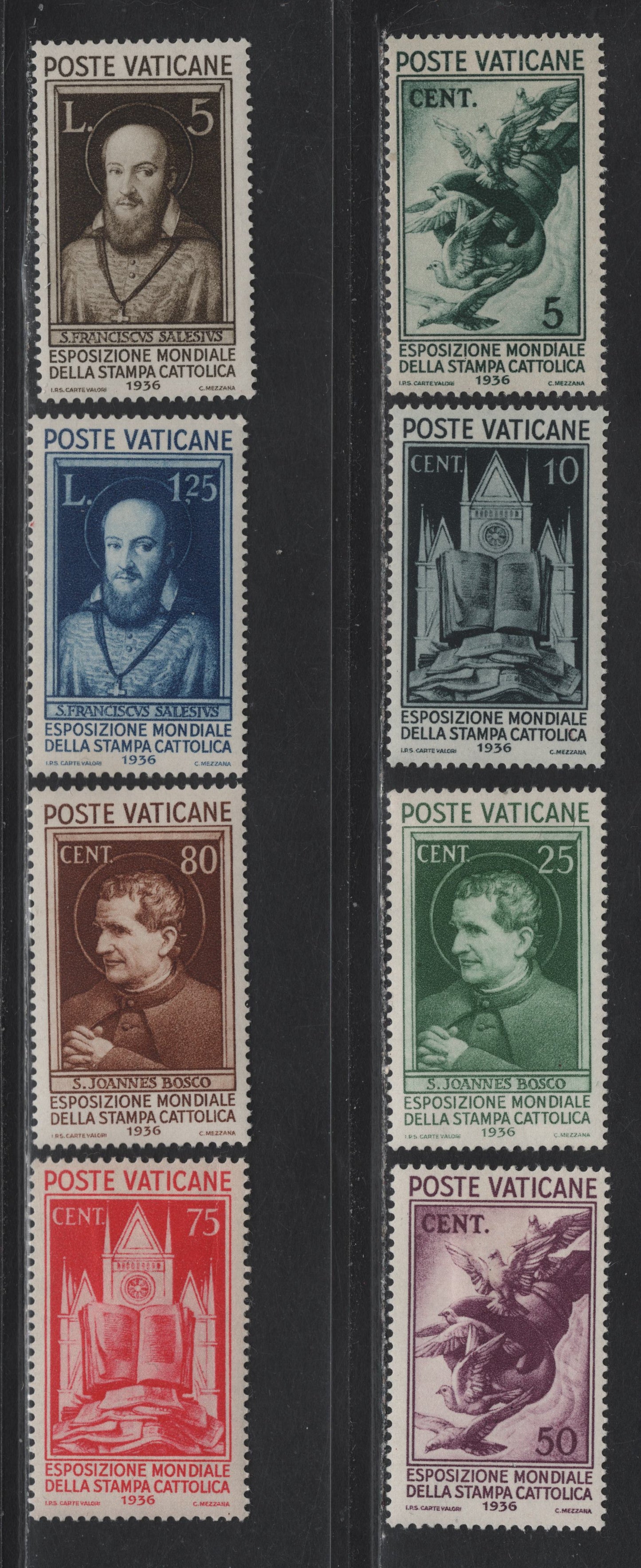 Lot 27 Vatican City SC#47-54 5c - 5l Blue Green - Dark Brown Catholic Press, 1936 World Exposition of the Catholic Press Issue, 8 F/VFOG Singles, Key 25c is VF centered, 75c Is Also VF Centered, But Has A Light Vertical Crease.