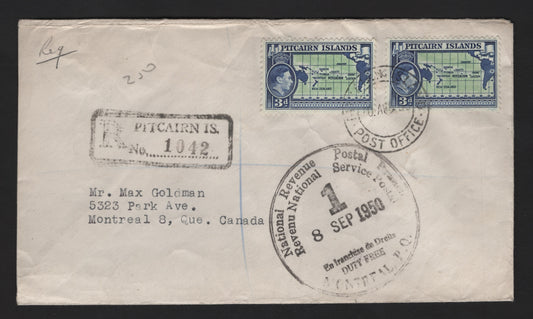 Lot 274 Pitcairn Islands (C) SG#5 3d Yellow Green & Blue King George VI, 1940-1951 KGVI Definitive Issues, A Very Fine Used Cover, Registered Cover To Montreal, Sent August 10 1950, Franked With 2 Singles.
