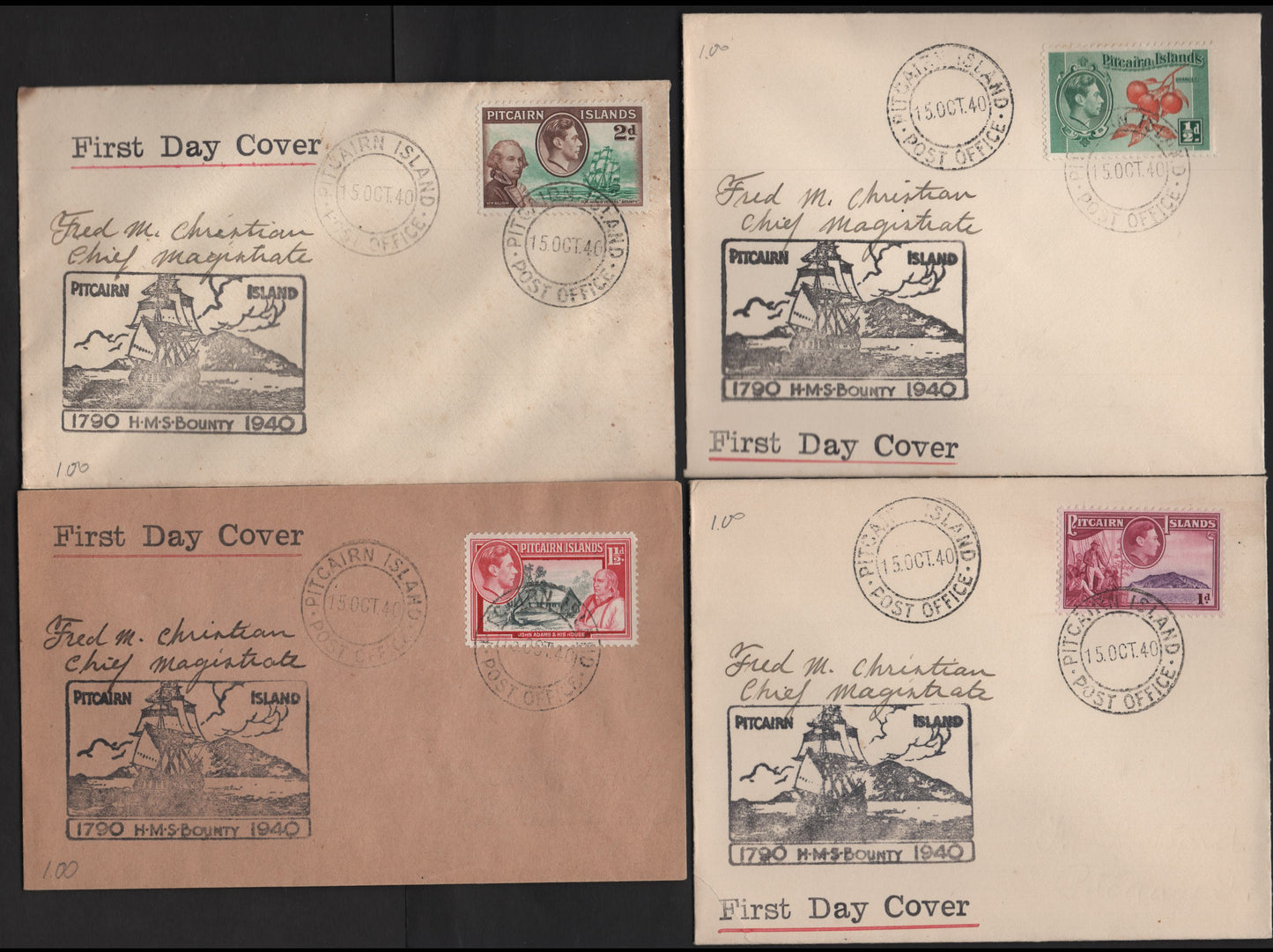 Lot 275 Pitcairn Islands (C) SG#1-4 1/2d - 2d Orange & Green - Green & Brown King George VI, 1940-1951 KGVI Definitive Issues, 4 Very Fine Used Covers, HMS Bounty Cachets
