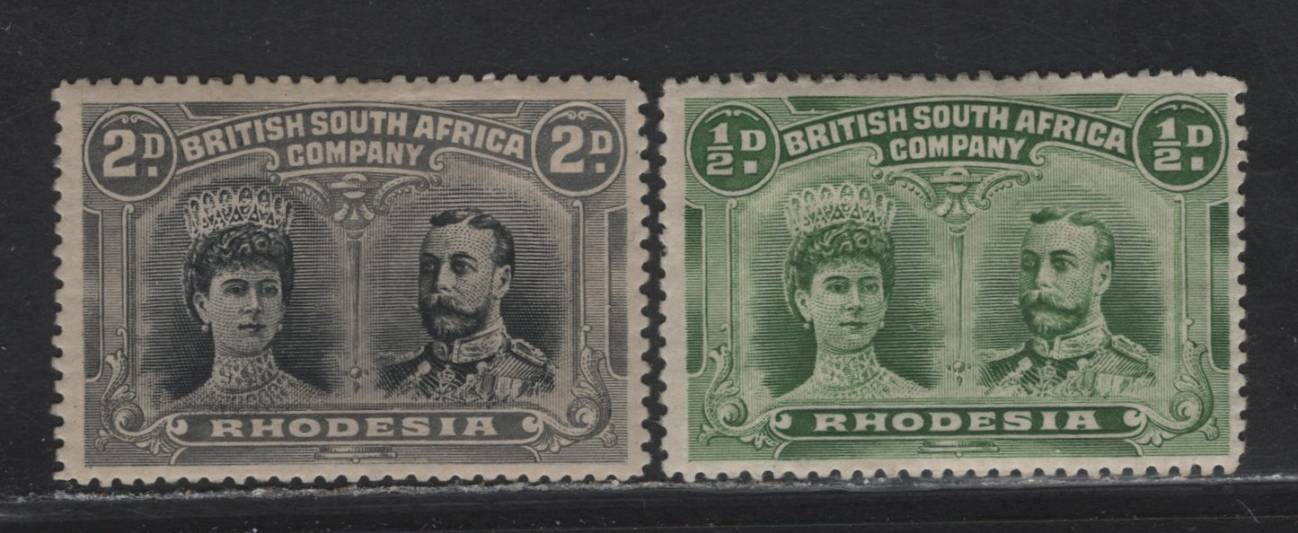 Lot 276 Rhodesia (C) SG#119, 128 1/2d - 2d Yellow Green - Black & Slate Gray King George V & Queen Mary, 1910-1913 King George V & Queen Mary Double Heads Issue, 2 FOG Singles, Perf 14