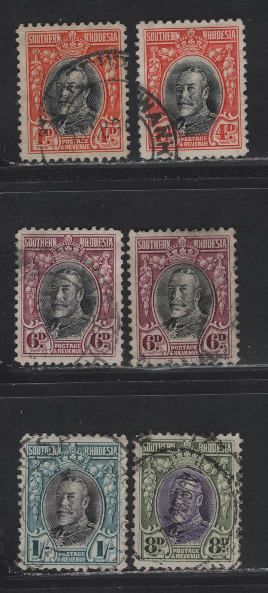 Lot 279 Southern Rhodesia (C) SG#19-20, 21a, 21, 23 4d - 1/- Black & Orange - Black & Greenish Blue King George V, 1931-1937 KGV Engraved Definitives, 6 Very Fine Used Singles, Line Perf 12 & Comb Perf 11.5 (6d), Includes 2 Shades Of 4d