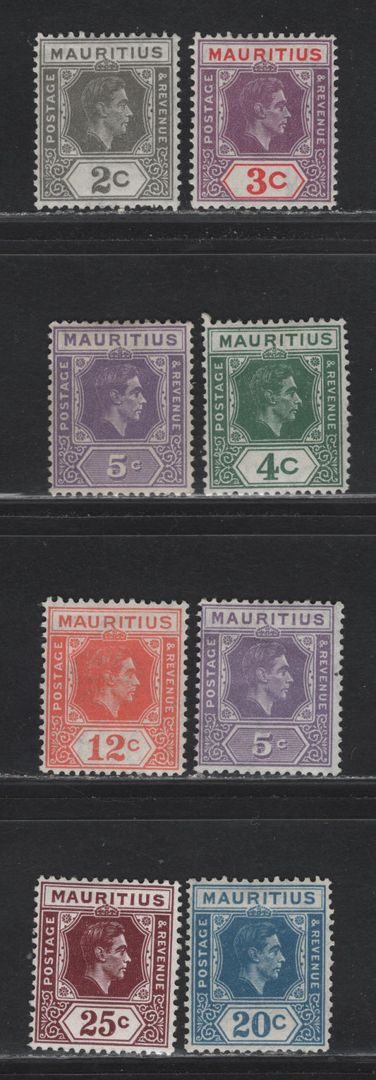 Lot 283 Mauritius (C) SG#252-253, 254b, 255-a, 257-258, 259b 2c - 25c Olive Gray - Brown Purple King George VI, 1938-1949 KGVI Imperium Keyplate Issue, 8 F/VFOG Singles, 1938 & 1943 Printings, 25c On Ordinary Paper