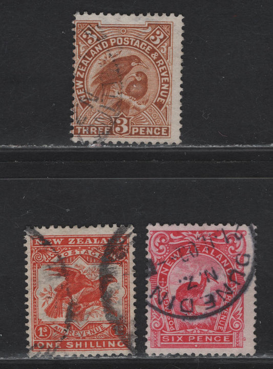 Lot 286 New Zealand SG#383-385 3d - 1/- Brown - Orange Red Hula - Kea & Kaka, 1907-1908 Reduced Size Pictorial Issue, 3 Fine Used Singles, Perf 14x15