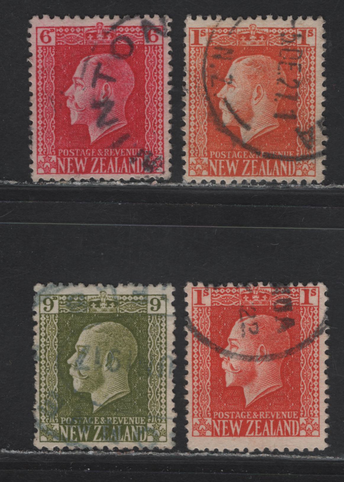 Lot 293 New Zealand (C) SG#425d, 429e, 430c, 430ca 6d - 1/- Carmine Lake - Pale Orange Red King George V, 1915-1930 KGV Sideface Issue, 4 Fine/Very Fine Used Singles, Perf 14x14.5