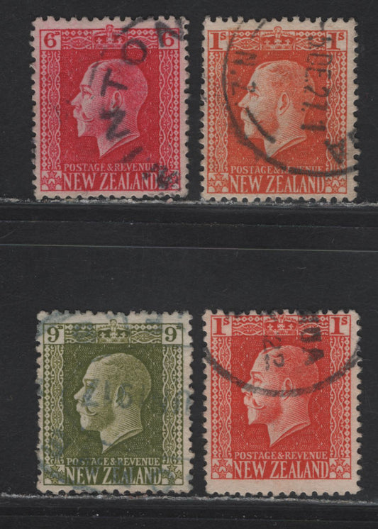 Lot 293 New Zealand (C) SG#425d, 429e, 430c, 430ca 6d - 1/- Carmine Lake - Pale Orange Red King George V, 1915-1930 KGV Sideface Issue, 4 Fine/Very Fine Used Singles, Perf 14x14.5