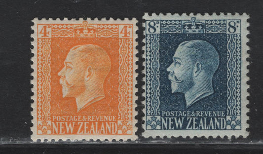 Lot 294 New Zealand (C) SG#421, 427 4d - 8d Yellow - Indigo Blue King George V, 1915-1930 KGV Sideface Issue, 2 F/VFOG Singles, Perf 14x13.5