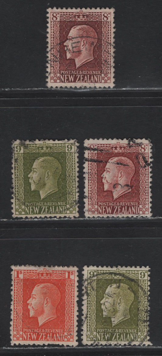 Lot 298 New Zealand SG#428-429, 429c, 430 8d - 1/- Red Brown - Pale Orange Red King George V, 1915-1930 KGV Sideface Issue, 5 Fine/Very Fine Used Singles, Perf 14x13.5