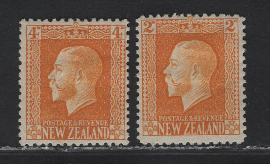 Lot 299 New Zealand (C) SG#421, 432 4d - 2d Yellow King George V, 1915-1930 KGV Sideface Issue, 2 FOG Singles, Line Perf 14, Widely Spaced Wmk