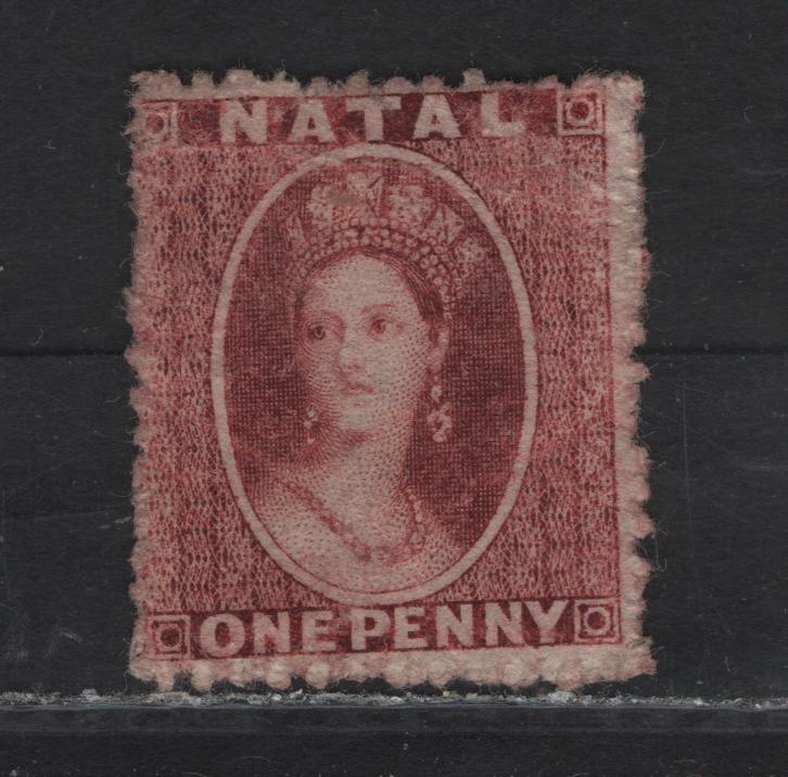 Lot 30 Natal SG#18 1d Lake Queen Victoria, 1863 Chalon Heads Issue, A FPOG Single, Perf 13, No Watermark, Fine Centering For This Issue.
