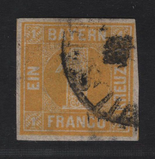 Lot 3 Germany - Bavaria SC#9 1kr Yellow Numeral, 1862 Numeral Issue, A Fine Used Single, Clear But Close Margins