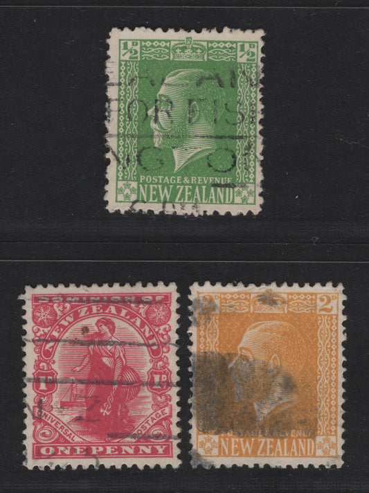 Lot 302 New Zealand (C) SG#409, 444-445 1/2d - 2d Green - Yellow King George V, 1915-1933 King George V Keyplates Issue, 3 Fine/Very Fine Used Singles, NZ & Star Lithographed On Back