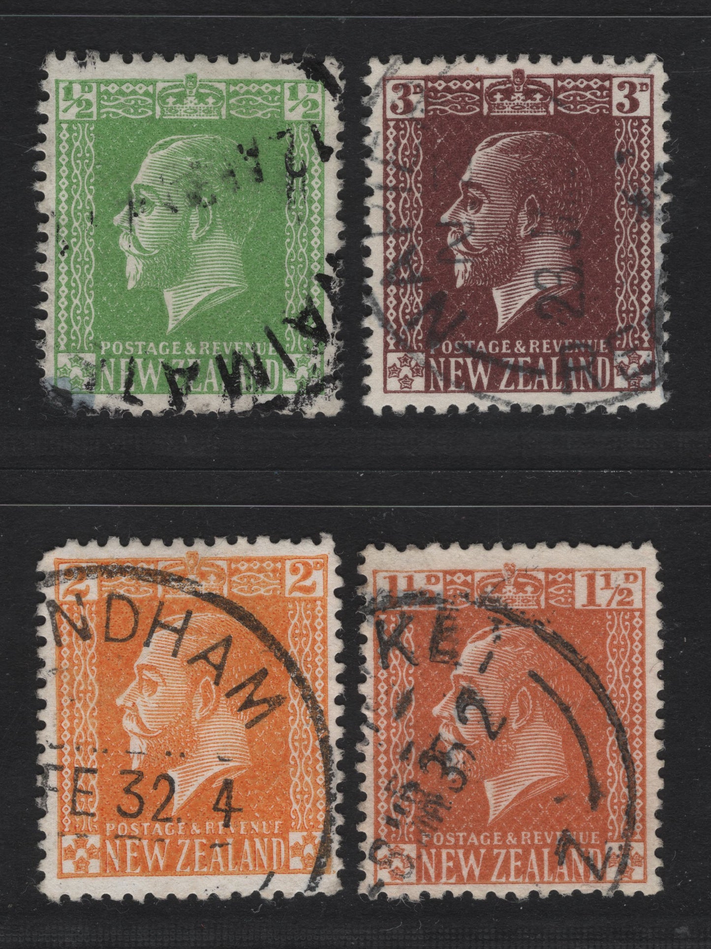 Lot 303 New Zealand (C) SG#446-449 1/2d - 3d Green - Chocolate King George V, 1915-1933 King George V Keyplates Issue, 4 Fine/Very Fine Used Singles, Cowan Paper, perf 14x15 & 14 (2d)
