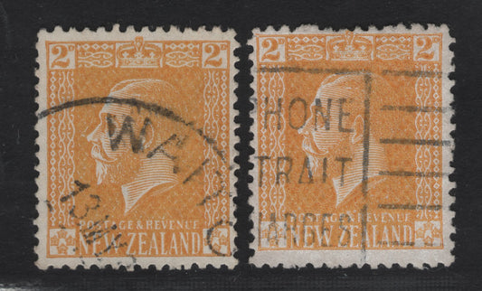 Lot 304 New Zealand (C) SG#451, 451b 2d Yellow King George V, 1915-1933 King George V Keyplates Issue, 2 Fine Used Singles, Wiggins Teape Paper, Perfs 14 & 14x15, Small Thin On 14x15.