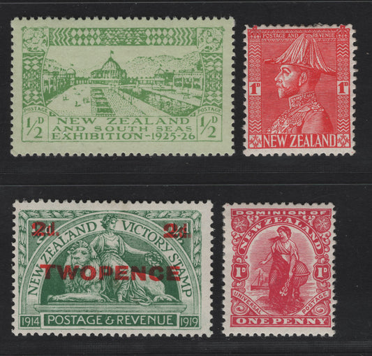 Lot 305 New Zealand (C) SG#410, 459, 463, 468 1d - 2d on 1/2d Rose Carmine - Green Surcharges - King George V, 1922-1926 Surcharges - KGV Field Marshal Definitive Issue, 4 F/VFOG Singles, The 1d Is On Cowan Paper