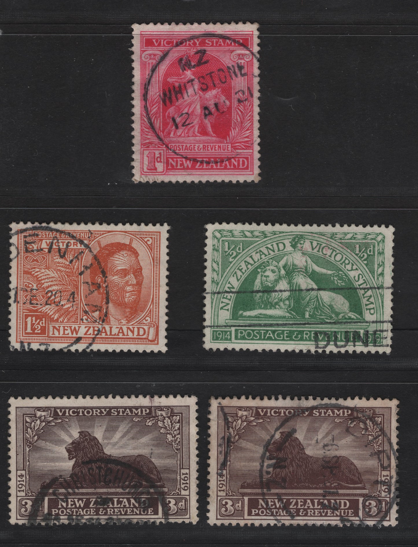 Lot 306 New Zealand (C) SG#453-456 1/2d - 3d Green - Chocolate Victory, 1920 Victory Issue, 5 Fine/Very Fine Used Singles, Two Shades Of 3d