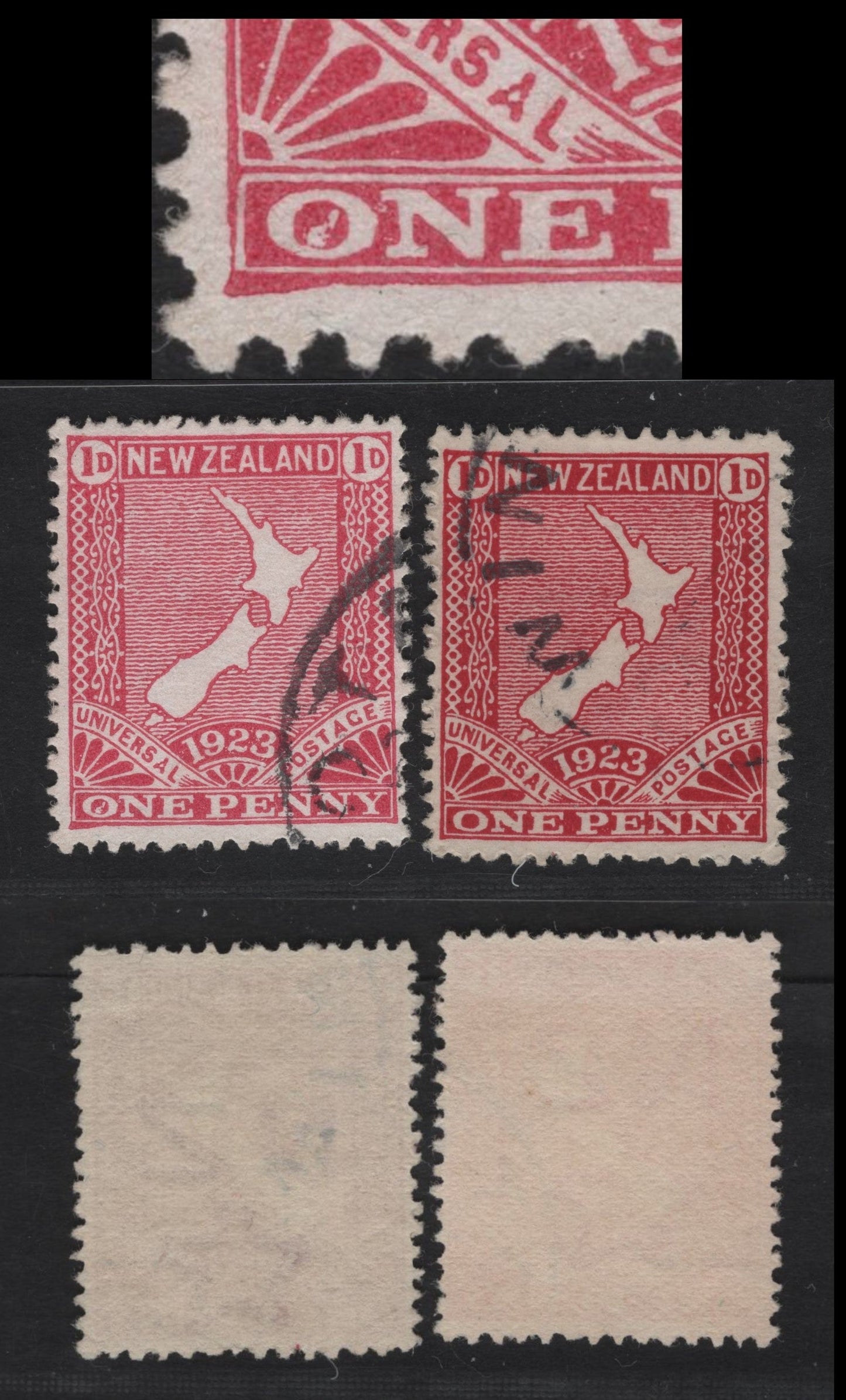 Lot 308 New Zealand (C) SG#460-461 1d Carmine - Rose New Zealand, 1923-1925 Restoration Of Penny Postage Issue, 2 Very Fine Used Singles, De La Rue & Jones Papers, Showing Flaw In The 'O' Of One Of The Jones Paper Printings