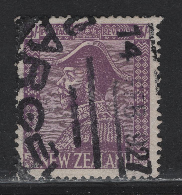 Lot 311 New Zealand (C) SG#467 3/- Mauve King George V, 1926 KGV Admiral Issue, A Fine Used Single, Jones Paper, Feb. 14th 1927 Parcel Cancel