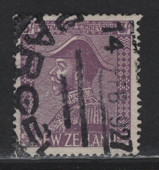 Lot 311 New Zealand (C) SG#467 3/- Mauve King George V, 1926 KGV Admiral Issue, A Fine Used Single, Jones Paper, Feb. 14th 1927 Parcel Cancel