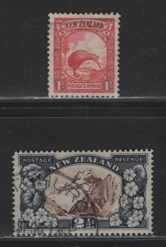Lot 313 New Zealand (C) SG#557c, 560b 1d - 2.5d Scarlet - Chocolate & Slate Brown Kiwi - Mt Cook, 1935-1936 Pictorial Issue, 2 Very Fine Used Singles, Single Star & NZ Wmk, Die 2, Perfs 14x13.5 & 13.5x14.