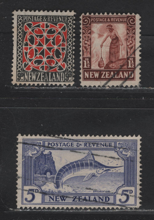 Lot 314 New Zealand (C) SG#558a, 563, 566 1.5d - 9d Red Brown - Scarlet & Black Maori Woman - Striped Marlin, 1935-1936 Pictorial Issue, 3 Fine Used Singles, Perfs 13.5x14 & 13-14x13.5, Small Wrinkle On 5d, Single Star & NZ Wmk.