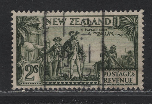 Lot 316 New Zealand (C) SG#568c 2/- Olive Green Capt Cook at Poverty Bay, 1935-1936 Pictorial Issue, A Very Fine Used Single, Single Star & NZ Wmk