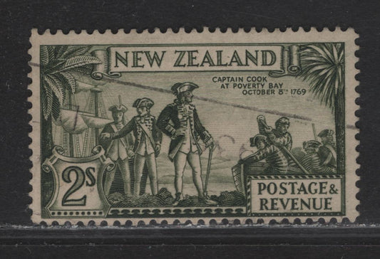 Lot 317 New Zealand (C) SG#568c 2/- Olive Green Capt Cook at Poverty Bay, 1935-1936 Pictorial Issue, A Fine Used Single, Single Star & NZ Wmk