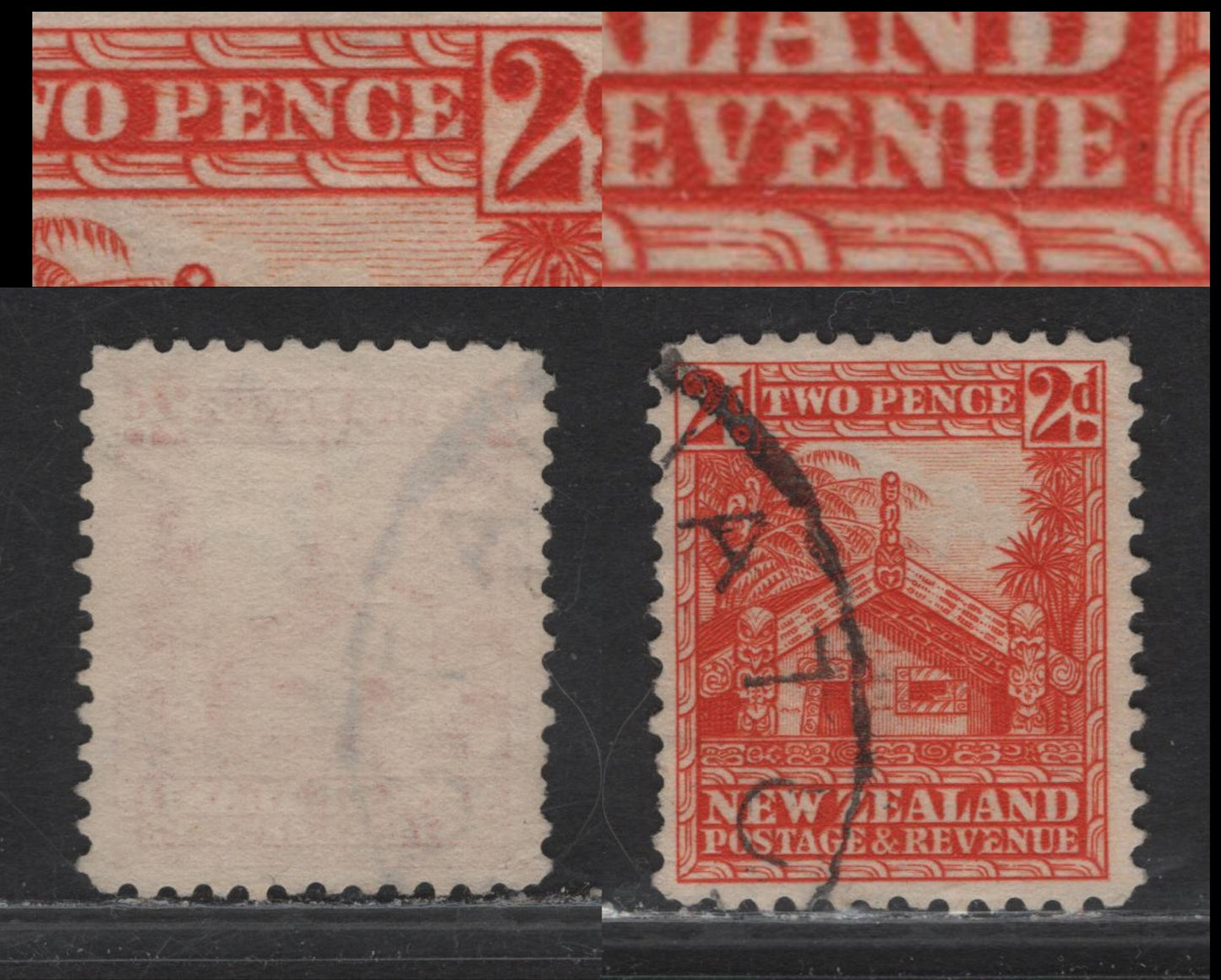 Lot 319 New Zealand (C) SG#580bvar 2d Orange Maori Carved House, 1936-1947 Pictorial Issue, A Very Fine Used Single, Perf 12.5, Showing Re-Entry In Letters Of Pence & 2nd E Of Revenue, Multiple Star & NZ Wmk.