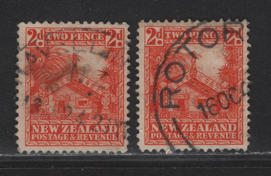 Lot 320 New Zealand (C) SG#580c, 580d 2d Orange Maori Carved House, 1936-1947 Pictorial Issue, 2 Fine/Very Fine Used Singles, Perf 14 & 14x14.5 (Listed As 14x15)