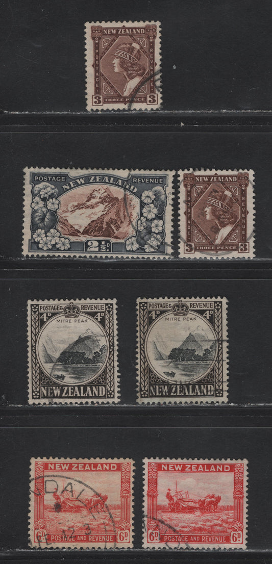 Lot 322 New Zealand (C) SG#581c, 582-583, 583d, 585, 585d 2.5d - 6d Chocolate & Slate - Scarlet Mt Cook - harvesting, 1936-1947 Pictorial Issue, 6 Fine/Very Fine Used Singles, Multiple Wmk, Includes 2 Shades of 3d, Perfs 14x13.5, 14x14.5, 13.5x14 & 12.5.
